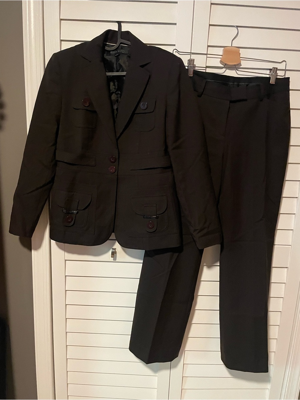 Anne Klein Brown 4 Petite Women's Safari Blazer Jacket Pants Suit EUC
